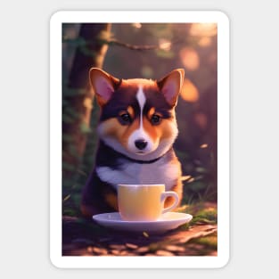 Cute corgi with a mug cup of morning coffee Sticker